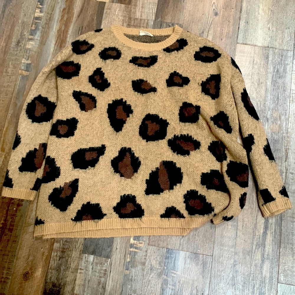Blushing brunette, leopard sweater